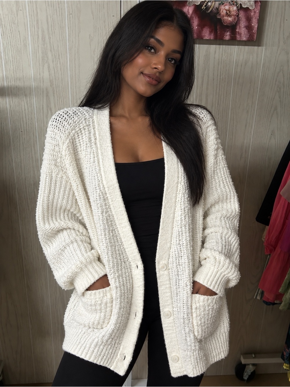 Anthropologie Chunky Knit Cardigan Sweater Ivory Cream Slouchy Large
